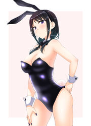  adjusting_clothes adjusting_leotard animal_ears bare_legs bare_shoulders black_bow black_bowtie black_leotard black_nails blush border bow bowtie breasts cleavage closed_mouth commentary_request detached_collar fake_animal_ears fake_tail female framed frown hand_on_own_hip hand_on_own_thigh highres large_breasts leotard long_hair nail_polish outside_border pink_background playboy_bunny purple_eyes rabbit_ears rabbit_tail shiny_clothes shiny_skin sidelocks solo standing strapless strapless_leotard tail tamura_yuri tsuttsu twintails watashi_ga_motenai_no_wa_dou_kangaetemo_omaera_ga_warui! white_border wrist_cuffs 