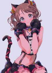  :3 animal_ears animal_hands armband bell black_bow blue_neckwear blue_ribbon blush bow bowtie brown_eyes brown_hair cat_ears commentary_request crop_top earrings female gloves grey_background hair_bell hair_ornament hands_on_own_cheeks hands_on_own_face highres idolmaster idolmaster_cinderella_girls idolmaster_cinderella_girls_starlight_stage jewelry jingle_bell looking_at_viewer najuco_(naju0517) navel paw_gloves pom_pom_(clothes) pom_pom_earrings red_bow red_bowtie red_ribbon ribbon shiina_noriko sitting solo striped striped_ribbon suspenders tail tail_ornament tail_ribbon twintails 