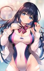  ayamy bare_shoulders black_hair blue_eyes breasts cleavage competition_swimsuit covered_navel cowboy_shot female floating_hair groin hair_ornament hands_up head_tilt heart highleg highleg_swimsuit highres holding impossible_clothes impossible_swimsuit jacket large_breasts long_hair looking_at_viewer miyawaki_sana off_shoulder one-piece_swimsuit open_clothes open_jacket original smile solo swimsuit thighs white_jacket x_hair_ornament 