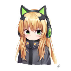  absurdres animal_ear_headphones animal_ears blonde_hair blush cat_ear_headphones cat_ears cropped_torso fake_animal_ears female girls&#039;_frontline green_eyes hapy_(parkhyunjae9494) headphones highres korean_commentary long_hair sidelocks simple_background solo tmp_(girls&#039;_frontline) upper_body very_long_hair white_background 