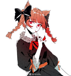  animal_ears black_bow black_dress bow braid cat_ears check_commentary chinese_commentary commentary commentary_request dress female finger_to_mouth hairbow hand_up index_finger_raised kaenbyou_rin kagari6496 long_hair long_sleeves looking_at_viewer nail_polish neck_ribbon puffy_sleeves red_eyes red_hair red_nails red_ribbon red_sash ribbon sash simple_background solo touhou twin_braids twintails upper_body weibo_logo weibo_watermark white_background 