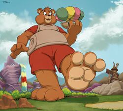  2023 3_toes 4_fingers aircraft airship anthro barefoot bear bottomwear building clothed clothing cloud digital_media_(artwork) feet fingers forest fur grass holding_ship humanoid_heel low-angle_view macro male mammal mountain open_mouth pants paws plant shirt sky solo teaselbone teddy_ruxpin teddy_ruxpin_(series) toes topwear tree vehicle waterfall wide_eyed worm&#039;s-eye_view 