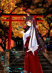  absurdres aircraft airplane akagi_(warship_girls_r) alternate_costume arrow_(projectile) black_hair bow_(weapon) female flower hair_flower hair_ornament hakama hakama_skirt headgear highres hime_cut holding holding_bow_(weapon) holding_weapon japanese_clothes kimono long_hair miko n.s.egg outdoors quiver red_eyes red_hakama shrine skirt solo stairs standing torii tree warship_girls_r weapon white_kimono wide_sleeves yumi_(bow) 