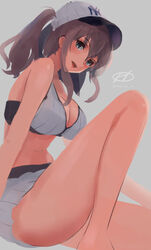  baseball_cap bikini blue_eyes breasts brown_hair cleavage emblem feet_out_of_frame female hair_between_eyes hair_through_headwear haruto_(harut_n) hat high_side_ponytail kantai_collection large_breasts major_league_baseball new_york_yankees official_alternate_costume one-hour_drawing_challenge ponytail saratoga_(kancolle) side_ponytail sidelocks sitting solo swimsuit white_bikini white_hat 