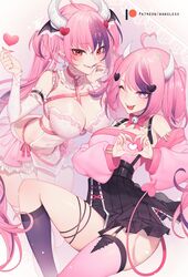  2girls alternate_costume artist_name between_breasts breasts choker demon_girl hair_ornament heart heart_hair_ornament heart_hands horns ironmouse ironmouse_(1st_costume) ironmouse_(demon_form) large_breasts medium_breasts multicolored_hair multiple_girls nanoless patreon_logo patreon_username pink_hair purple_hair red_eyes skirt streaked_hair tail thigh_strap thighhighs virtual_youtuber vshojo white_horns wing_hair_ornament 