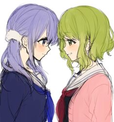  2girls black_shirt blue_eyes blue_hair blue_neckerchief blue_shirt blush closed_mouth eye_contact green_eyes green_hair hair_between_eyes jacket long_hair looking_at_another low_twintails morinaka_kazaki morinaka_kazaki_(4th_costume) multiple_girls neckerchief nijisanji open_clothes open_jacket parted_lips pink_jacket red_neckerchief sailor_collar school_uniform serafuku shirt simple_background smile twintails upper_body virtual_youtuber white_background white_sailor_collar yamabukiiro yuuki_chihiro yuuki_chihiro_(2nd_costume) 