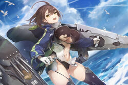  :d ahoge azur_lane baltimore_(azur_lane) bird black_thighhighs braid breasts brown_hair cannon center_opening clothing_cutout cloud commentary_request covered_nipples cruel_gz day female gloves highres holding hood hood_down large_breasts long_sleeves looking_at_viewer machinery navel ocean open_mouth outdoors pelvic_curtain short_hair shrug_(clothing) smile solo stomach stomach_cutout thighhighs thighs torn_clothes turret water white_gloves yellow_eyes 