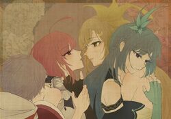  4girls ahoge aqua_gloves back bare_shoulders black_gloves blonde_hair blue_flower blue_hair blush braid closed_mouth facing_another fingerless_gloves floral_background flower flower_request french_braid from_side gloves grey_hair hair_flower hair_ornament half-closed_eyes hand_in_another&#039;s_hair hand_on_another&#039;s_cheek hand_on_another&#039;s_face hand_on_another&#039;s_neck hashtag-only_commentary highres himmel_(keine_haare) holding_another&#039;s_wrist hood hood_down hoodie hug imminent_kiss japanese_clothes jitome kimono looking_at_another looking_away magia_record:_mahou_shoujo_madoka_magica_gaiden magical_girl mahou_shoujo_madoka_magica medium_hair multiple_girls off_shoulder parted_lips pink_eyes pink_hair pink_kimono profile purple_eyes sad scratches scratching scratching_back shinobu_akira_(madoka_magica) shizumi_konoha short_hair sidelocks split_mouth swept_bangs tokiwa_nanaka upper_body yellow_eyes yellow_flower yuri yusa_hazuki 