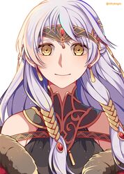  bare_shoulders black_dress circlet coat commentary crml_orng dress earrings female fire_emblem fire_emblem:_radiant_dawn fire_emblem_cipher fire_emblem_heroes fur_trim half_updo highres jewelry long_hair micaiah_(fire_emblem) micaiah_(radiant_queen)_(fire_emblem) official_alternate_costume portrait simple_background smile solo twitter_username white_background white_hair yellow_eyes 