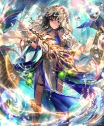  black_hair blue_eyes blue_sleeves bracelet breasts cleavage closed_mouth collarbone detached_sleeves dress female floating_hair highres irua jewelry looking_at_viewer medium_breasts medium_hair prophetess_of_creation shadowverse sleeveless sleeveless_dress smile solo standing thigh_strap veil 