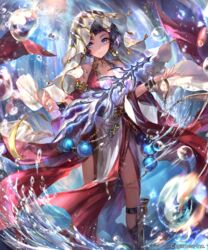  blue_eyes chains closed_mouth collarbone detached_sleeves dress female highres irua looking_at_viewer prophetess_of_creation purple_hair red_dress red_sleeves shadowverse short_hair sleeveless sleeveless_dress smile solo standing veil water 