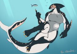  anthro big_breasts big_tail breasts bubble claws clothed clothing conditional_dnp cutout digital_media_(artwork) female fin fish jezzlen marine muscular muscular_female overbite scar shark sharkini simple_background solo swimwear tail teeth underwater water 