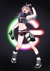  :d absurdres arm_up armpits bad_id bad_pixiv_id black_background black_gloves black_shorts black_socks bossan_3310 can crop_top dive_to_zone female fingerless_gloves floating_hair full_body gloves gradient_hair green_eyes grey_hair heterochromia highres holding holding_can long_hair looking_at_viewer midriff multicolored_hair nail_polish navel open_mouth red_eyes red_nails shoes short_shorts shorts smile sneakers socks solo standing stomach 