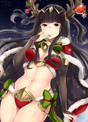  antlers bare_legs bell bikini black_eyes black_hair blunt_bangs bow breasts bridal_gauntlets cape christmas_ornaments circlet cleavage closed_mouth commentary_request detached_sleeves female fire_emblem fire_emblem_awakening fire_emblem_heroes fur-trimmed_bikini fur-trimmed_cape fur_trim hand_on_own_chin haru_(nakajou-28) highres horns jingle_bell long_hair midriff nail_polish navel night night_sky red_cape reindeer_antlers reindeer_hair_ornament sky smile solo star_(sky) starry_sky striped striped_bow swimsuit tharja_(fire_emblem) tharja_(winter)_(fire_emblem) tiara two_side_up 