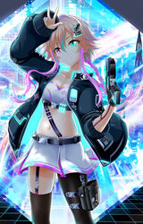  absurdres arm_up asymmetrical_gloves asymmetrical_legwear belt black_belt black_coat black_gloves black_pantyhose blonde_hair breasts cleavage closed_mouth coat collarbone crop_top eva_16-gouki female floating_hair gloves green_eyes gun head_tilt heterochromia highres holding holding_gun holding_weapon idolmaster idolmaster_cinderella_girls idolmaster_cinderella_girls_starlight_stage long_hair looking_at_viewer midriff multicolored_hair navel ninomiya_asuka open_clothes open_coat pantyhose photoshop_(medium) pink_eyes pink_hair short_shorts shorts single_glove single_leg_pantyhose single_thighhigh small_breasts smile solo standing stomach strapless thighhighs two-tone_hair uneven_gloves uneven_legwear very_long_hair w weapon white_shorts 