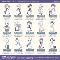  1boy 6+girls absurdres apron braid broom brush brushing_another&#039;s_hair brushing_hair bucket butter_churn chart french_braid goshi-san hat highres limited_palette lolicon maid maid_apron maid_day mob_cap multiple_girls original plate references_page simple_background translated 