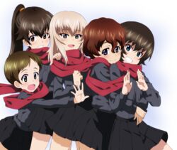  5girls akaboshi_koume blonde_hair blue_eyes brown_eyes brown_hair girls_und_panzer grin hida_ema hug hug_from_behind itsumi_erika itsumi_erika&#039;s_loader kayabakoro kojima_emi kuromorimine_school_uniform medium_hair multiple_girls ponytail scarf school_uniform shared_clothes shared_scarf short_hair simple_background smile 