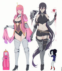  2girls absurdly_long_hair absurdres adventure_time armor belt black_hair blood breasts cleavage colored_skin comparison crop_top dripping eyeshadow floating full_body garter_straps greaves grey_skin high_heels highres liya_nikorov long_hair makeup marceline_abadeer multiple_girls pauldrons photoshop_(medium) pink_eyes pink_eyeshadow pink_hair pointy_ears princess_bonnibel_bubblegum red_eyes short_shorts shorts shoulder_armor single_pauldron thighhighs tiara vampire very_long_hair 