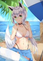  ahoge animal_ears azur_lane bare_arms bare_shoulders beach bikini black_choker blue_skirt blue_sky blush breasts chahei choker cleavage closed_mouth collarbone commentary day female fox_ears fox_girl fox_tail green_eyes grey_hair groin hair_between_eyes hands_up highleg highleg_bikini hololive horizon innertube long_hair medium_breasts navel ocean outdoors pleated_skirt shirakami_fubuki shirakami_fubuki_(beachside_fox) skirt sky smile solo swim_ring swimsuit tail virtual_youtuber water white_bikini 