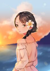  black_hair braid butterfly_soup cloud dress ear_piercing female flower from_behind hair_flower hair_ornament highres long_sleeves looking_at_viewer looking_back mole mole_under_eye noelle_(butterfly_soup) ocean outdoors piercing plumeria sky solo strawberiisoda sunset white_dress 