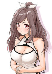  artist_name bare_shoulders blush bow breasts brown_eyes brown_hair cleavage cleavage_cutout closed_mouth clothing_cutout collarbone dress female hair_ribbon hairbow highres idolmaster idolmaster_shiny_colors large_breasts long_hair looking_at_viewer ponytail ribbon shy side_cutout signature simple_background sleeveless sleeveless_dress solo steepled_fingers sweatdrop swept_bangs takuji_yuusaku tsukioka_kogane upper_body v-shaped_eyebrows white_background white_dress white_ribbon 