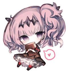  bad_id bad_pixiv_id black_dress black_footwear blush book chibi commentary_request cottontailtokki covered_mouth dress female fran_(shadowverse) full_body headpiece heart hugging_object kneehighs looking_at_viewer pink_hair puffy_short_sleeves puffy_sleeves purple_eyes red_socks shadowverse shingeki_no_bahamut short_sleeves simple_background socks solo spoken_heart two_side_up white_background 