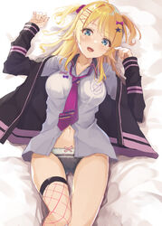  ass_visible_through_thighs black_panties blonde_hair blue_eyes bow bow_panties breasts collarbone collared_shirt cowboy_shot female fishnet_thighhighs fishnets hachimiya_meguru hair_intakes hair_ornament hairclip hatsu_(first_snow) heart idolmaster idolmaster_shiny_colors jacket large_breasts long_sleeves looking_at_viewer lying midriff_peek navel necktie on_back open_clothes open_jacket open_mouth panties partially_unbuttoned pink_necktie shirt single_thighhigh smile solo thigh_gap thighhighs two_side_up underwear white_shirt 