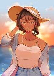  brown_hair butterfly_soup dark_skin denim diya_(butterfly_soup) female hand_in_hair hat highres jeans looking_at_viewer ocean outdoors pants ponytail sky smile solo strawberiisoda sun_hat sunset tank_top yellow_eyes 