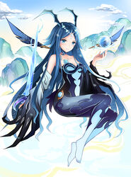  absurdres blue_eyes blue_hair bonanus_(genshin_impact) breasts chao_ciyuan_hai_meng_xing claws cleavage commentary_request detached_sleeves dress facial_mark female forehead forehead_mark genshin_impact highres horns long_hair long_sleeves looking_at_viewer parted_bangs sidelocks sitting smile solo strapless strapless_dress vision_(genshin_impact) wings 