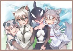  4girls :d aardwolf_(kemono_friends) aardwolf_print animal_ear_fluff animal_ears animal_print arm_around_waist bear_ears bear_girl black_hair blowhole border breast_pocket breasts buchibussei cheek_press closed_eyes collarbone collared_shirt covered_eyes day dog_(mixed_breed)_(kemono_friends) dog_ears dog_girl dog_tail dorsal_fin dress drooling elbow_gloves facing_viewer fins giant_panda_(kemono_friends) gloves grey_eyes grey_hair hair_between_eyes hair_over_eyes hand_on_another&#039;s_waist harness head_fins head_on_chest highres jacket kemono_friends layered_sleeves leaning_to_the_side long_hair long_sleeves looking_at_viewer medium_hair mouth_drool multicolored_hair multiple_girls necktie oerba_yun_fang open_mouth orca_(kemono_friends) outdoors panda_ears photo_(object) pocket sailor_collar shirt short_hair short_over_long_sleeves short_sleeves skirt sleeping sleeveless sleeveless_shirt smile sweater_vest tail two-tone_hair upper_body white_hair wing_collar 