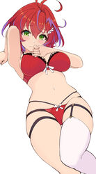  ahoge akane_canna asymmetrical_legwear blush bra breasts female garter_straps green_eyes highres looking_at_viewer medium_breasts medium_hair nanashi_inc. panties red_bra red_panties simple_background temari_rin thighs underwear virtual_youtuber 