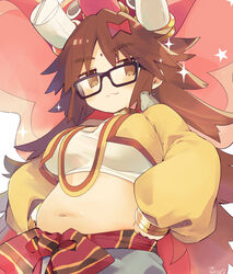  :3 belly bindi bow bracelet breasts brown_eyes brown_hair elephant_hat fat fate/grand_order fate_(series) female ganesha_(fate) glasses hairbow hands_on_own_hips jewelry jinako_carigiri jitome large_breasts long_hair mouse_(animal) mouse_on_shoulder navel yuzuki_gao 