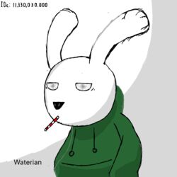  1:1 anthro candy candy_cane clothing dessert digital_drawing_(artwork) digital_media_(artwork) food hoodie identification jacket lagomorph leporid male mammal number number_print pockets rabbit shaded simple_background simple_shading solo tagme text tired tired_eyes topwear vein waterian white_body 