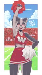  4k 5_fingers 9:16 absurd_res anthro badger blush bottomwear breasts bucky_badger cheek_tuft cheerleader cheerleader_outfit cheerleading_pose clothed clothing cloud college_football detailed_background digital_media_(artwork) english_text eyelashes facial_tuft female fingers freckles fur grass grey_body grey_fur hand_on_hip hi_res holding_object looking_at_viewer mammal mascot midriff multicolored_body multicolored_fur mustelid musteline nanokindred ncaa open_mouth outside plant pom_poms pose raised_arm red_bottomwear red_clothing red_topwear shirt skirt sky smile solo speech_bubble stadium standing teeth text tongue topwear tuft two_tone_body two_tone_fur university_of_wisconsin white_body white_fur wisconsin wisconsin_badgers 