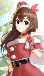  bare_shoulders bell belt black_belt blue_eyes brown_hair choker christmas closed_mouth diamond_hair_ornament dress elbow_gloves female fur-trimmed_dress fur_trim gloves hair_between_eyes hair_flaps hair_ornament hair_ribbon hairclip hat highres hololive leather_belt long_hair looking_at_viewer makimaki_makky7 neck_bell off-shoulder_dress off_shoulder official_alternate_costume red_choker red_dress red_hat red_ribbon ribbon sack santa_costume santa_dress santa_hat short_sleeves smile solo star_(symbol) star_hair_ornament tokino_sora virtual_youtuber 