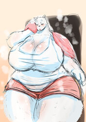  anthro atherbirochi bear big_breasts bodily_fluids breasts cleavage clothed clothing female fur huge_breasts huge_hips mammal overweight overweight_anthro overweight_female polar_bear solo sweat thick_thighs ursine white_body white_fur wide_hips 