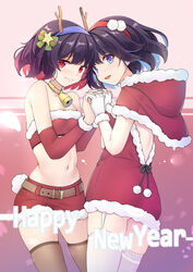  2girls absurdres ahoge antlers bare_shoulders bell black_hair black_thighhighs blue_eyes blue_hair blush breasts christmas christmas_ornaments closed_mouth deer_antlers detached_sleeves dress garter_belt gloves hair_between_eyes hair_ornament highres holding_hands honkai_(series) honkai_impact_3rd horns looking_at_viewer miniskirt multicolored_hair multiple_girls neck_bell open_mouth pink_background qingye_ling red_eyes red_hair santa_bra santa_dress santa_gloves seele_(alter_ego) seele_vollerei seele_vollerei_(stygian_nymph) short_dress short_hair skirt small_breasts smile thighhighs two-tone_hair white_thighhighs 