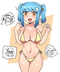  @_@ absurdres bikini blue_hair blush breasts brown_eyes cleavage cowboy_shot earrings embarrassed female gold_bikini gradient_hair hair_ornament hairclip hands_up highleg highleg_bikini highres hoop_earrings ii_(peps_art) jewelry large_breasts looking_at_breasts looking_down multicolored_hair navel navel_piercing nervous_smile open_mouth original peps_art piercing shiny_clothes shiny_swimsuit short_twintails side-tie_bikini_bottom sidelocks simple_background smile solo_focus speech_bubble stomach straight-on string_bikini sweat swept_bangs swimsuit twintails vi_(peps_art) 