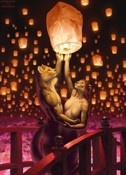  anthro bridge claws collaboration duo ewademar felid feline_tail female fur hair hand_around_abdomen hi_res holding_object lamp lantern lantern_festival male mammal muscular muscular_anthro muscular_male pantherine red_hair sadnicole smile striped_body striped_fur stripes technically_nude tiger 