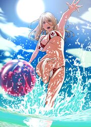  absurdres avril_(kakitama) ball barefoot beachball bikini blonde_hair blue_eyes bouncing_breasts breasts canadian_flag canadian_flag_bikini canadian_flag_print cleavage cloud collarbone commentary_request female flag_print full_body groin highres kakitama kicking large_breasts leaf long_hair maple_leaf navel open_mouth original print_bikini round_teeth sky solo splashing sun swimsuit teeth wading water 