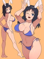  absurdres animal_ears ass bikini black_hair blue_bikini blue_eyes blush bouncing_breasts breasts butt_crack collarbone fake_animal_ears female freckles girls_und_panzer highres large_breasts long_hair looking_at_viewer looking_back multiple_views navel one_eye_closed open_mouth rabbit_ears rabbit_pose shiny_skin side-tie_bikini_bottom smile standing swimsuit takefu_jiin yamagou_ayumi 