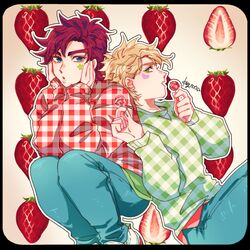  2boys :o alternate_costume artist_name battle_tendency blonde_hair blue_eyes border brown_hair caesar_anthonio_zeppeli candy commentary_request facial_mark food fruit green_eyes hands_on_own_cheeks hands_on_own_face highres holding holding_candy holding_food holding_lollipop jojo_no_kimyou_na_bouken joseph_joestar joseph_joestar_(young) kogatarou lollipop long_sleeves male_focus multiple_boys open_mouth outline plaid plaid_sweater short_hair sideways_glance signature sleeves_past_wrists strawberry sweater thick_eyebrows undershirt white_outline 