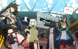  1other 3girls :d amiya_(arknights) animal_ear_fluff animal_ears arknights arm_at_side arm_up asymmetrical_legwear belt belt_pouch black_coat black_gloves black_hair black_panties black_skirt blaze_(arknights) blue_eyes blue_hair blue_sky breasts brown_pantyhose building cat_ears cat_girl cat_tail closed_mouth coat day doctor_(arknights) dress expressionless facing_viewer gloves gradient_hair green_dress grey_hair grey_shirt grey_thighhighs hairband hand_in_pocket hands_in_pockets heart highres hood hood_up hooded_coat jacket kal&#039;tsit_(arknights) large_breasts looking_at_viewer mask md5_mismatch medium_breasts miniskirt mismatched_legwear multicolored_hair multiple_girls open_clothes open_coat open_jacket open_mouth outdoors panties pantyhose pantyshot parted_lips pouch rabbit_ears red_hairband red_thighhighs rhodes_island_logo_(arknights) samacho see-through shirt short_hair skirt sky smile speech_bubble spoken_heart star_of_life tail tank_top thighhighs torn_clothes torn_thighhighs underwear upskirt waving white_jacket 