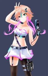  absurdres arm_up asymmetrical_gloves asymmetrical_legwear belt black_belt black_gloves black_pantyhose blonde_hair breasts cleavage closed_mouth collarbone crop_top eva_16-gouki female floating_hair gloves green_eyes grey_background gun head_tilt heterochromia highres holding holding_gun holding_weapon idolmaster idolmaster_cinderella_girls idolmaster_cinderella_girls_starlight_stage long_hair midriff multicolored_hair navel ninomiya_asuka pantyhose photoshop_(medium) pink_eyes pink_hair short_shorts shorts simple_background single_glove single_leg_pantyhose single_thighhigh small_breasts smile solo standing stomach strapless thighhighs two-tone_hair uneven_gloves uneven_legwear very_long_hair w weapon white_shorts 