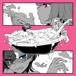  2girls bath bathtub blowing_bubbles blue_eyes blush bubble_bath closed_eyes completely_nude convenient_censoring fate/grand_order fate_(series) hair_over_one_eye highres long_hair looking_at_another medium_hair multiple_girls nude open_mouth red_eyes riyo_servant_(babydoll)_(fate) riyo_servant_(bunnygirl)_(fate) same-sex_bathing shared_bathing stretching sweat translation_request yukataro 