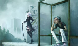  1boy 2b_(nier:automata) amoralcrow black_dress black_footwear black_shirt blindfold blue_hair boots bus_stop checkered_footwear crossover dress female fog gorillaz graffiti high_heel_boots high_heels highres katana nier:automata nier_(series) no_pupils pants pun shirt shoes sitting sneakers standing stuart_pot sword thigh_boots thighhighs thighhighs_under_boots train_station vans weapon white_eyes white_hair white_pants 