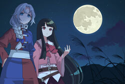  2girls anime_coloring arm_up belt black_hair blue_eyes braid braided_ponytail cloud commentary_request cowboy_shot expressionless full_moon grey_hair hand_on_own_hip highres hime_cut houraisan_kaguya light_frown long_hair long_sleeves looking_to_the_side moon mountain multiple_girls night night_sky nurupo_(abooon) outdoors pink_shirt red_eyes red_skirt sash shirt shirt_under_shirt single_sidelock skirt sky standing star_(sky) starry_sky susuki_grass touhou two-tone_dress very_long_hair white_shirt yagokoro_eirin 