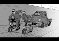  3boys arnold_schwarzenegger car closed_mouth commentary daihatsu daihatsu_midget driving frown greyscale honda honda_gorilla honda_motocompo jacket john_connor letterboxed lifting_person male_focus monochrome motion_lines motor_vehicle multiple_boys navel on_motorcycle open_clothes open_jacket pants parody sashizume_soutarou scene_reference shirt short_hair sunglasses t-1000 t-800 terminator_(series) terminator_2:_judgment_day vehicle_chase vehicle_focus very_short_hair 