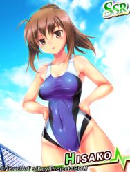  angel_beats! breasts brown_eyes brown_hair commentary competition_swimsuit female hands_on_own_hips hisako_(angel_beats!) juusensha_koubou long_hair official_art one-piece_swimsuit ponytail solo swimsuit 