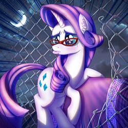  1:1 bodily_fluids cat_eye_glasses elronya eltaile embarrassed equid equine eyewear fabric female fence feral friendship_is_magic glasses hasbro hi_res horn horse mammal moon my_little_pony mythological_creature mythological_equine mythology night pony rarity_(mlp) searchlight solo tears unicorn 